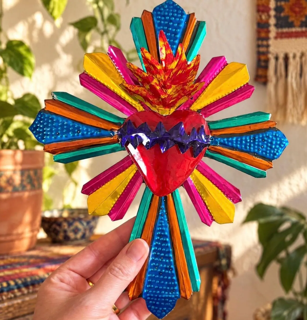 Mexican Cross Wall Decor, Sunburst Hand Painted Tin Milagro Folk Art, Multicolor Medium Lata Rayos Cruz 7.25"
