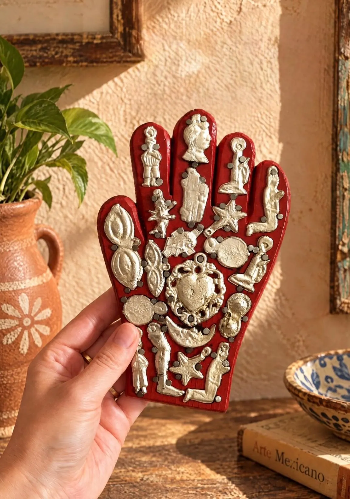 Hand Carved Wood Hand Milagro, Rustic Wall Decor, Mexican Folk Art Gift, Small Manita Milagritos 5.5”