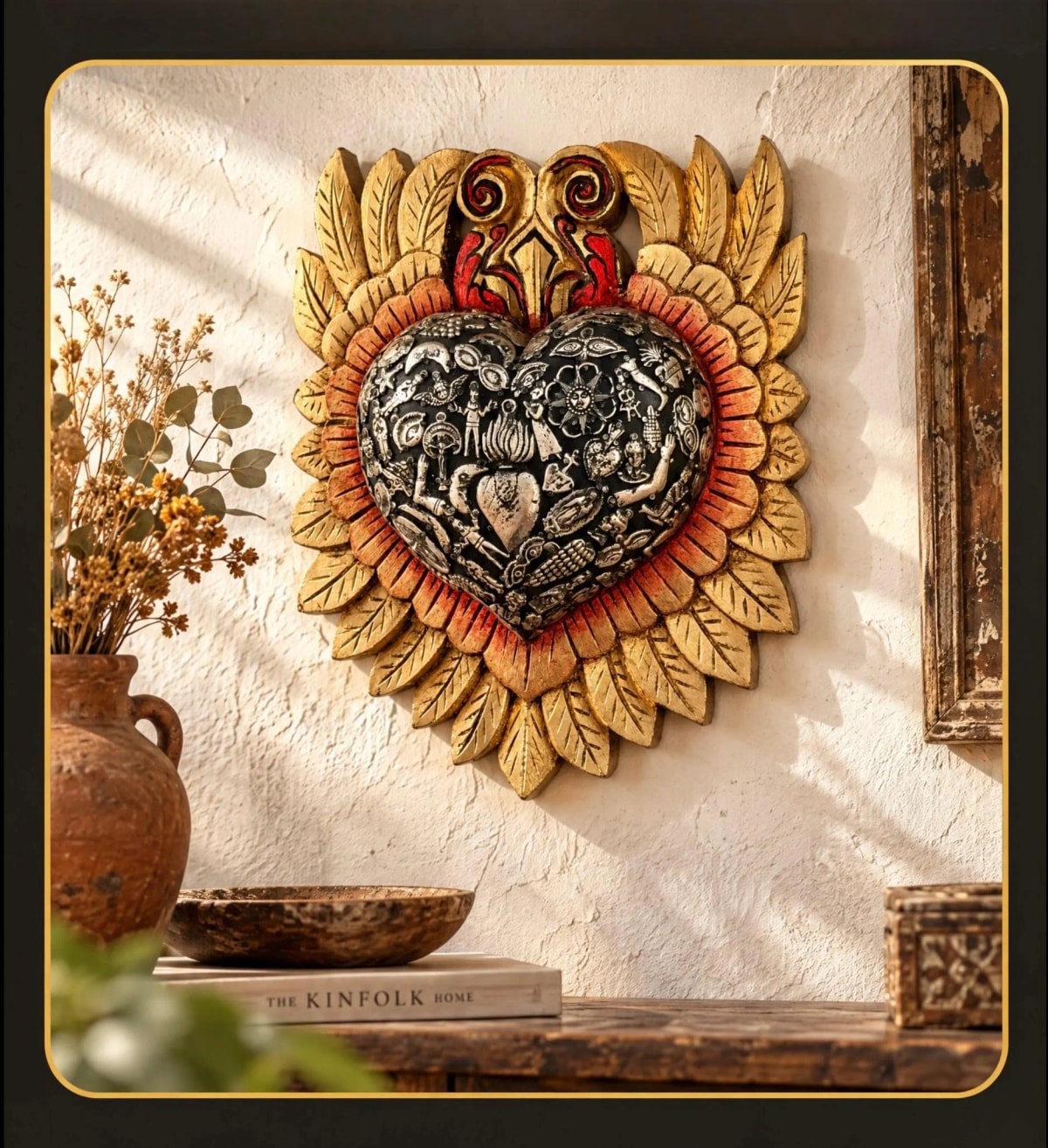Carved Wood Mexican Sacred Hacienda Wall Decor, Rustic Milagro Folk Art, XXL Colonial & Plumas 12”x 14”x 3”