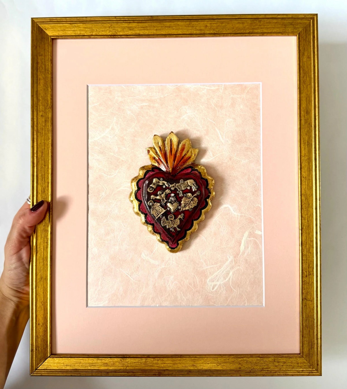 Tin Folk Art, One Of A Kind, Framed Vintage Pink