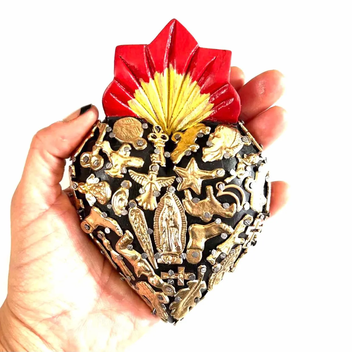 Mexican Folk Art Gift, Wood Sacred Heart Milagro, Ex-voto Decor, Medium Guadalupe Gold Milagritos 5.5”