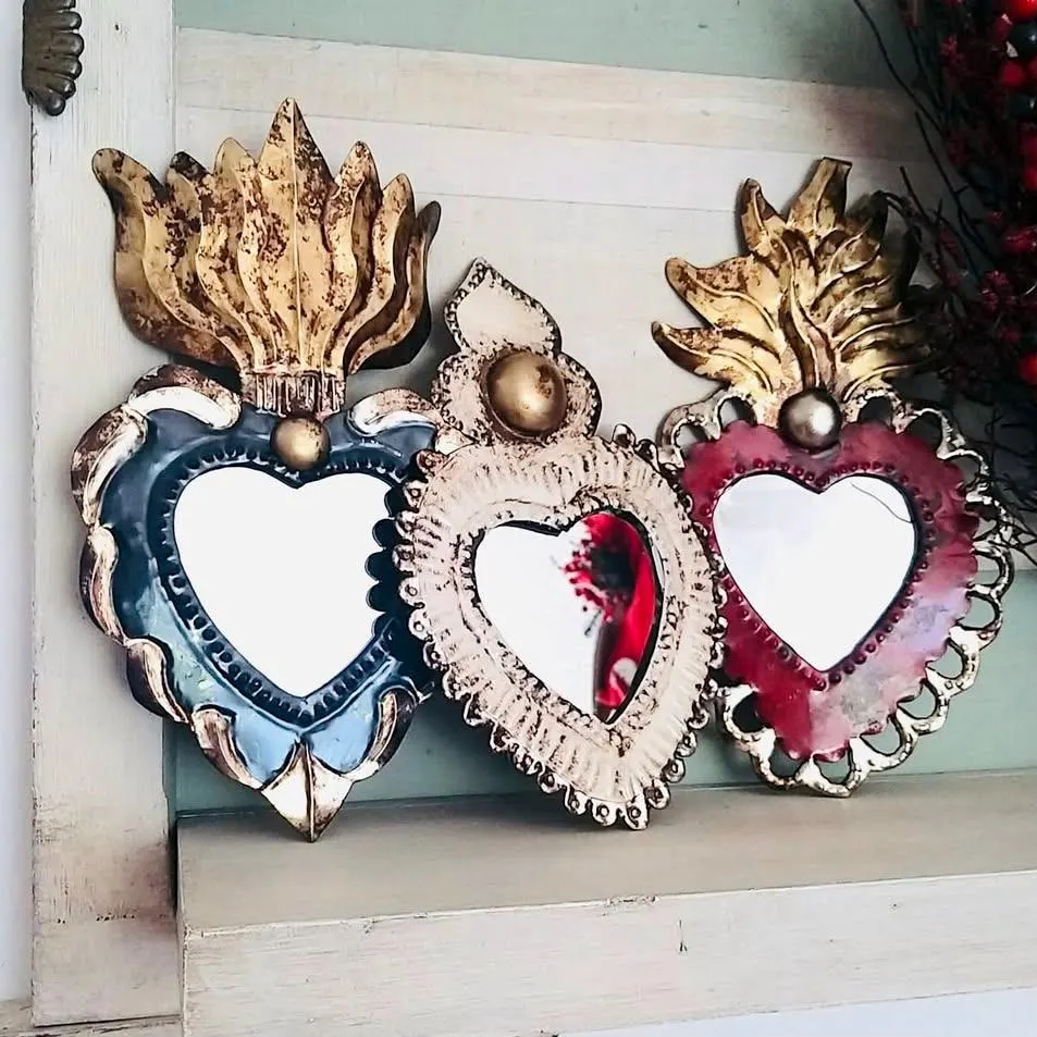 Vintage Mexican Tin Sacred Heart Mirror, Hand Painted Milagro Wall Decor, Handmade Folk Art Boho Gift, Medium Juan 8”(tall)