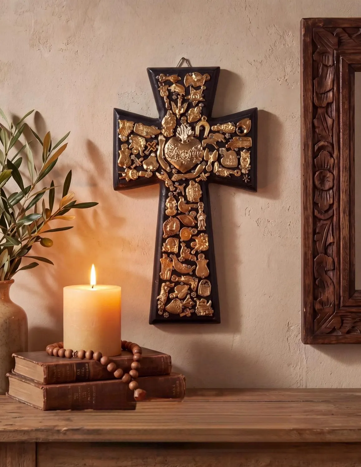 Hand Painted Wood Cross Milagro Folk Art, Baptism Gift, Black Cruz Tablon Milagritos 9.5”(tall)