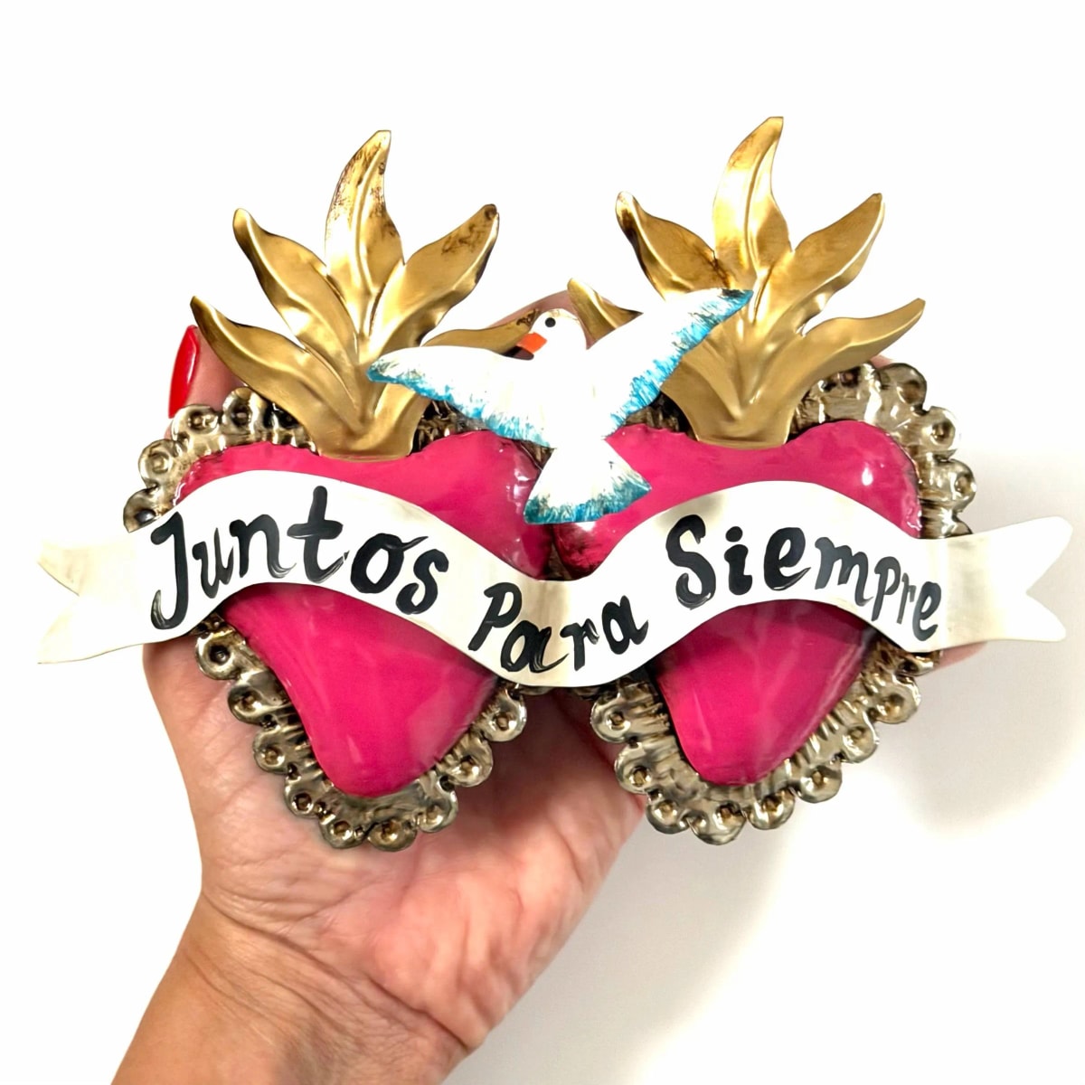 Double Hand Painted Milagro Wall Decor, Handmade Folk Art Gift, Medium Juntos Siempre 7.5"(long)