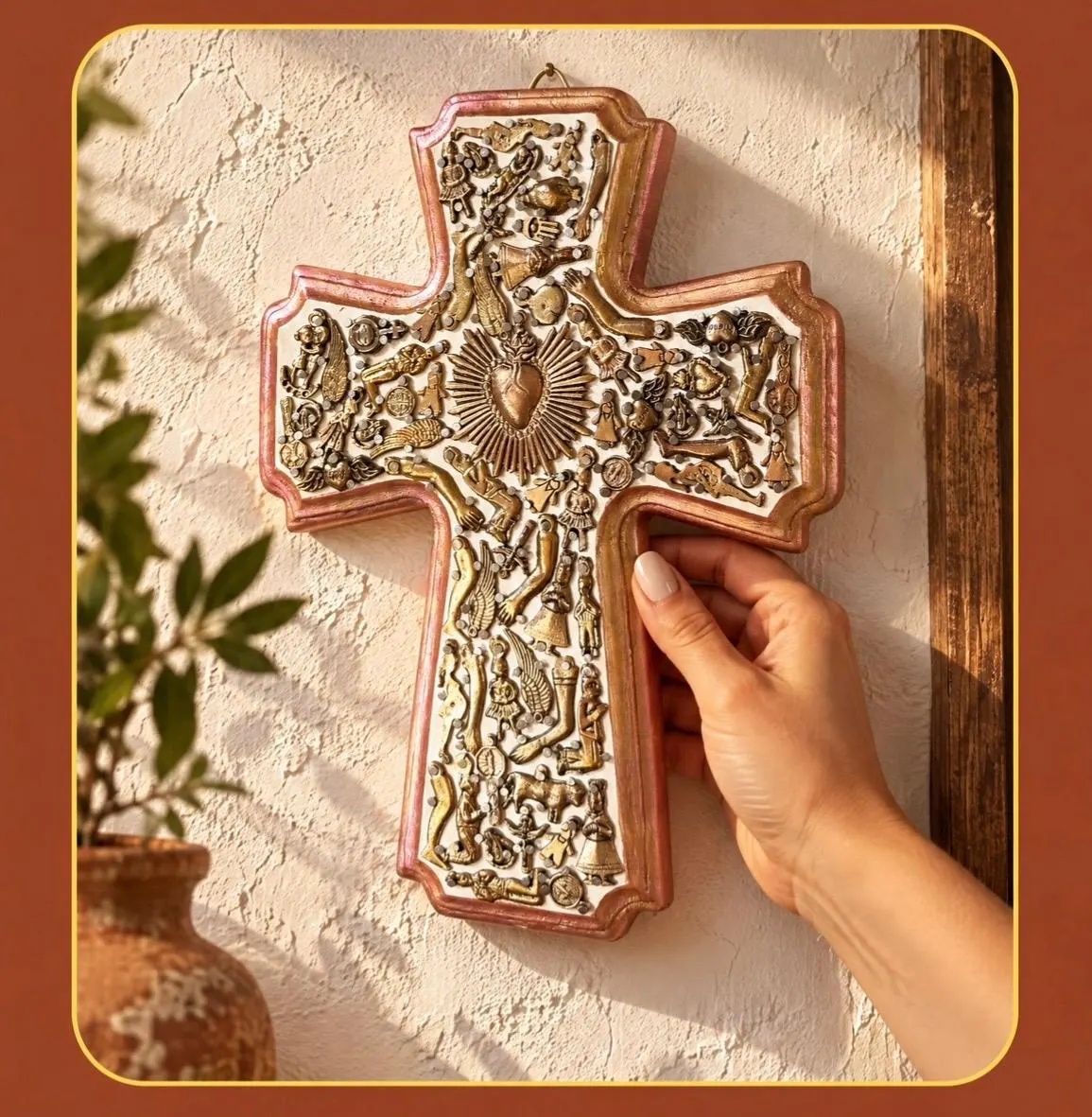 Hand Painted Wood Cross Milagro Folk Art, First Communion Gift, White Cruz Tablon Milagritos 7.5”x 10"