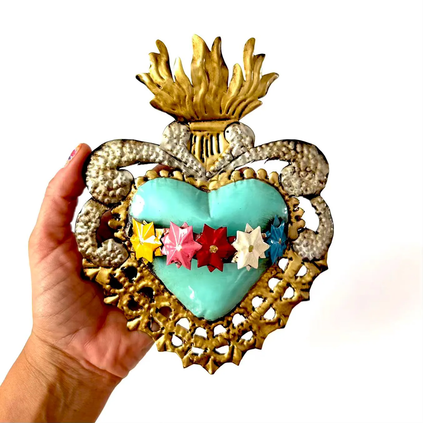 Boho Tin Sacred Heart, Mexican Ex-voto, Wall Decor Milagro, Liston de Flores 6”x 8”