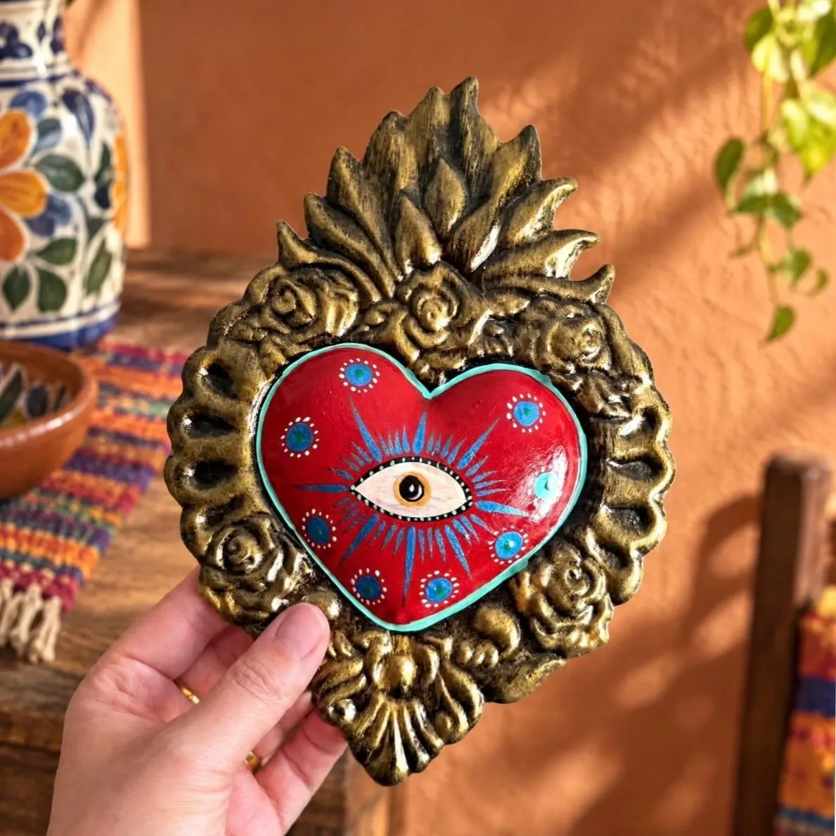Mexican Tin Sacred Heart, Evil Eye Hand Painted Milagro Wall Decor, Handmade Folk Art, Red Ojo Decorado 6"x 8"