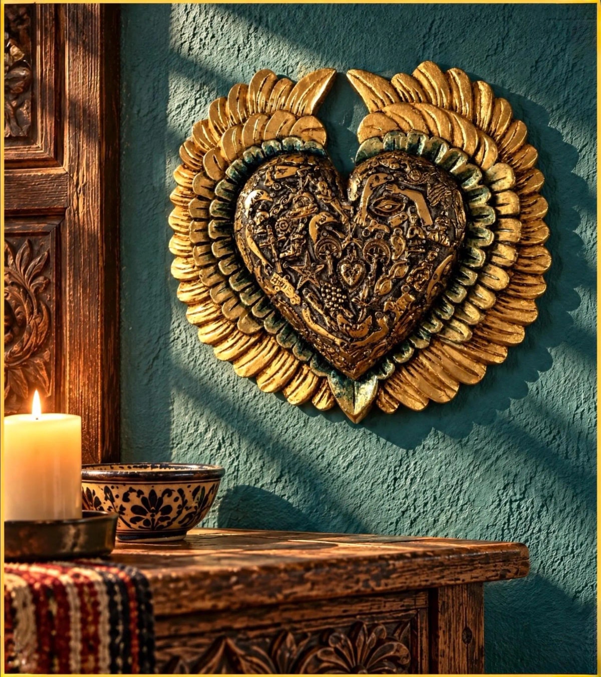 Carved Mexican, Hacienda Decor Wood Sacred Heart, Milagro Folk Art Wall, XXL Alas Redondo & Plumas 13”x 12”