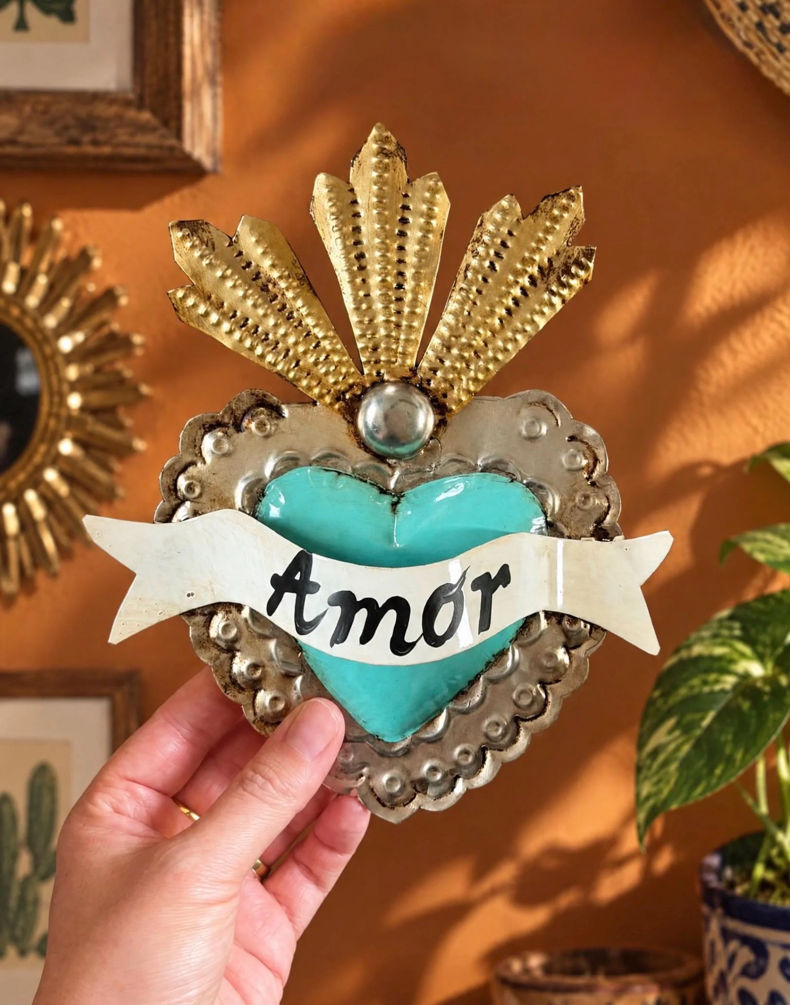 Hand-Cut Tin Sacred Heart, Mexican Milagro Folk Art, Rios Medium Liston 7”x 7.5”