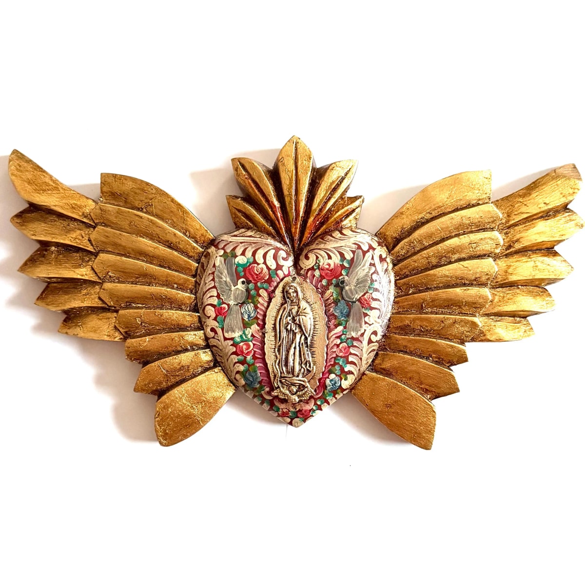 Virgen Mexican Folk Art, Hand Painted Guadalupe Hand carved Wood Sancred Heart, XL Alas Palomas Decorado 15”(long)