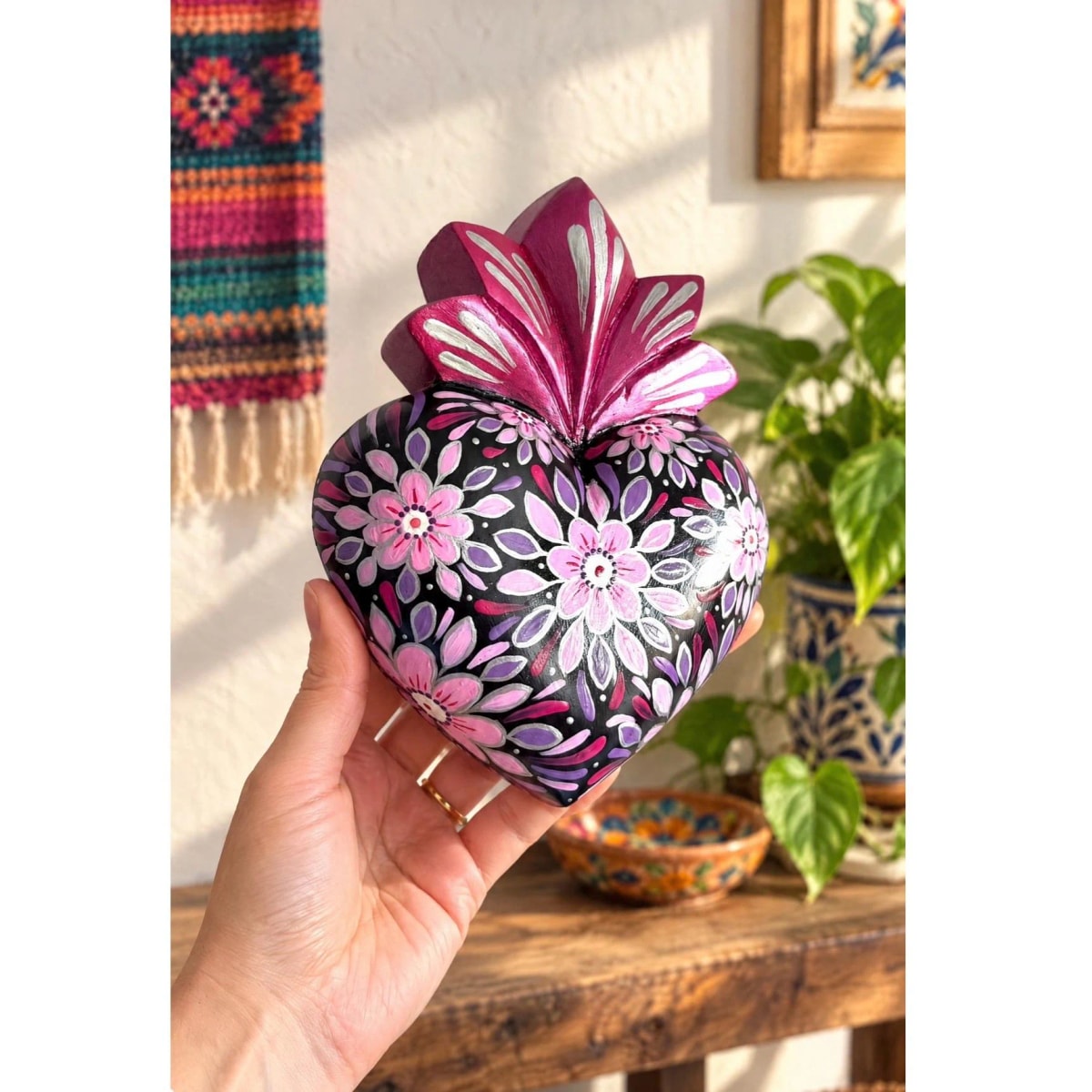Carved Wood Sacred Heart, Hand Painted Milagro Wall Decor, Mexican Folk Art Gift, Decorado Large