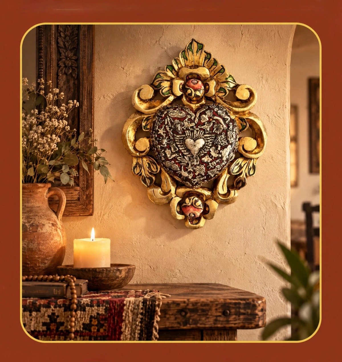 Carved Wood Mexican Sacred Hacienda Wall Decor, Rustic Milagro Folk Art, XXL Colonial Mexicano 11”x 15”