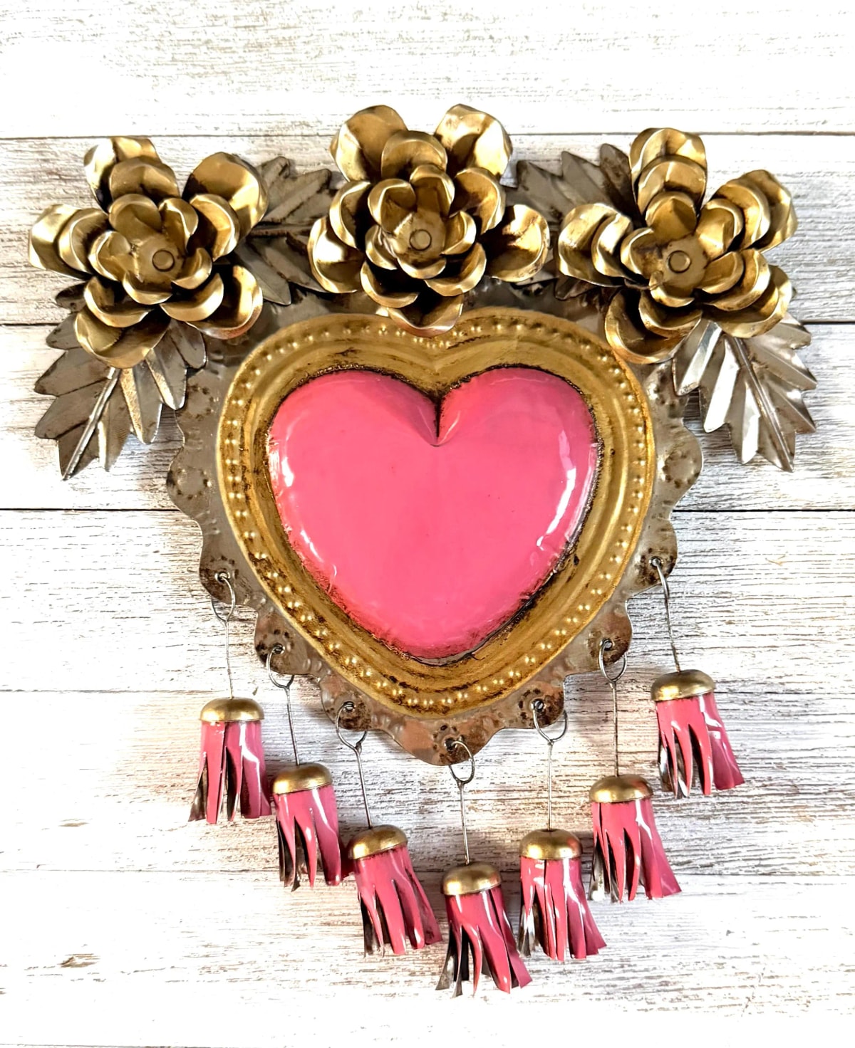 Boho Tin Sacred Heart Anniversary Gift, Mexican Folk Art Milagro, Ex-voto Wall Hanging Decor, Rosas Colgantes & Mechas