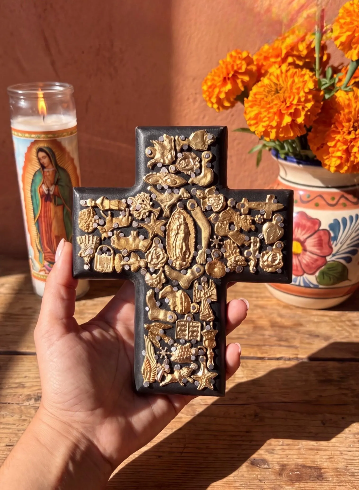 Wood Cross Handmade in Mexico, Gift Religious Inspired, Guadalupe Small Cuadrada Black Cruz 5.5”x 6.5”