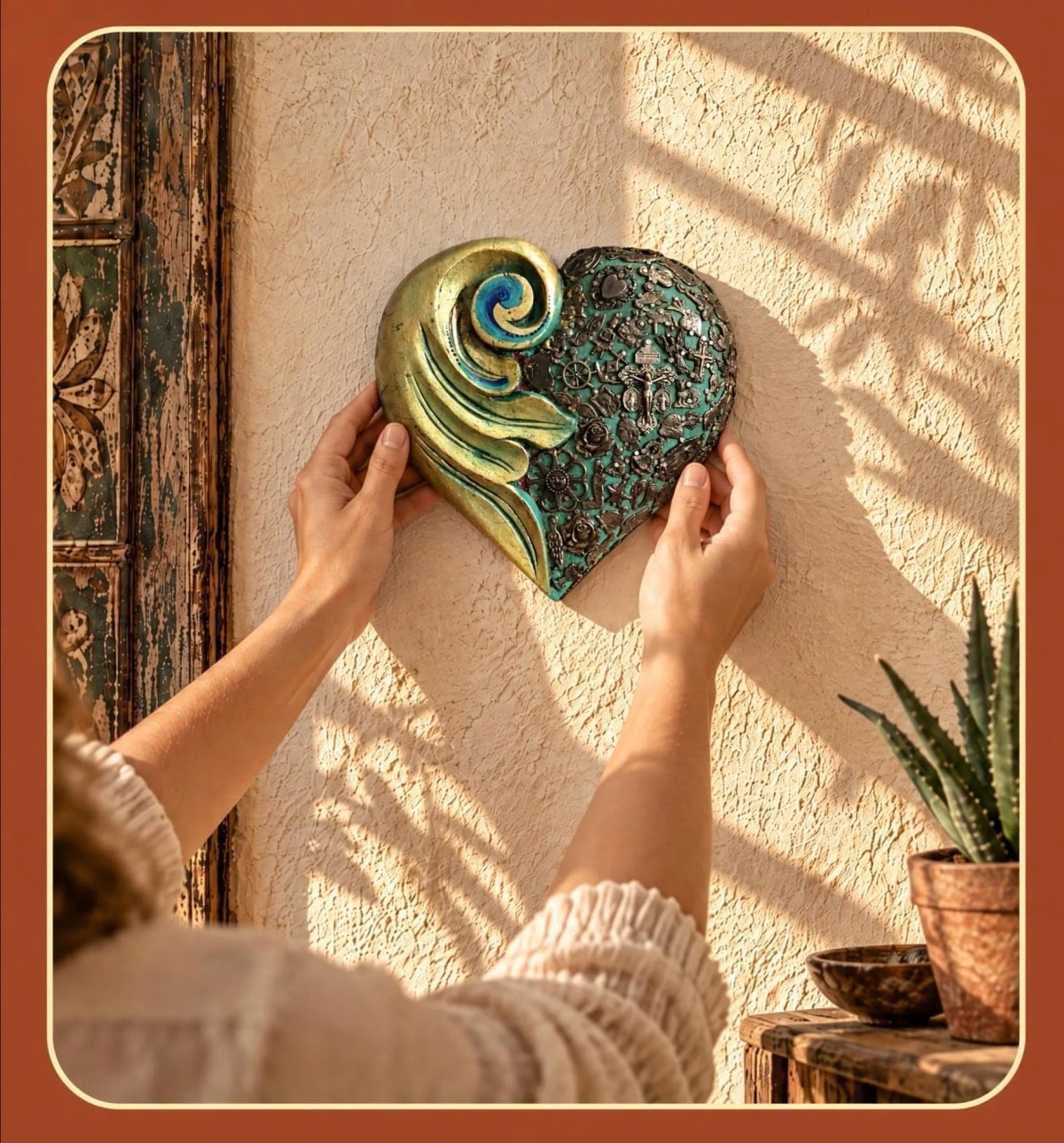 Carved Wood Mexican Sacred Hacienda Wall Decor, Rustic Milagro Folk Art, Large Colonial Medio Verde 9”x 9”