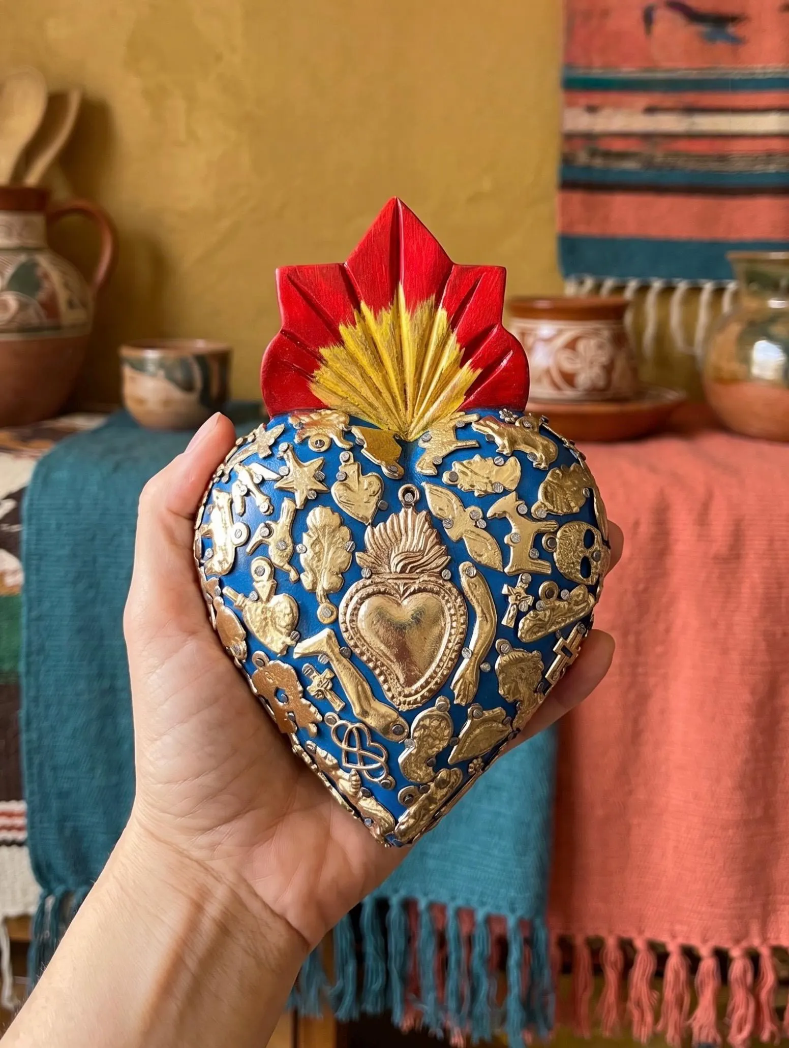 Carved Wood Sacred Heart, Hand Painted Milagro, Mexican Folk Art Gift, Large Gold Milagritos 7"(tall)