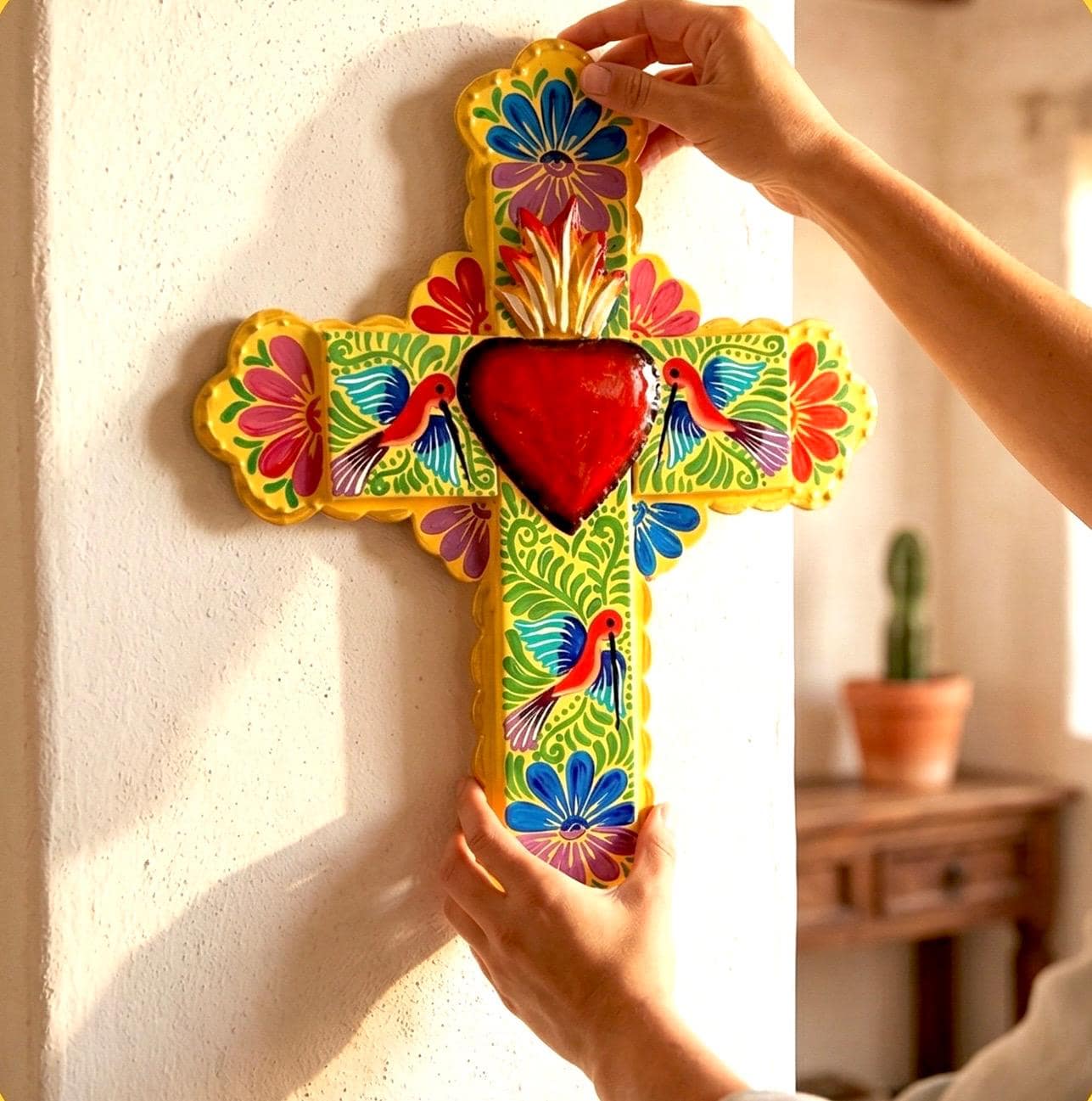 XL Cruz Palomas 13.5” - Tin Sacred Heart Cross, Mexican Folk Art, Milagro, Wall Decor