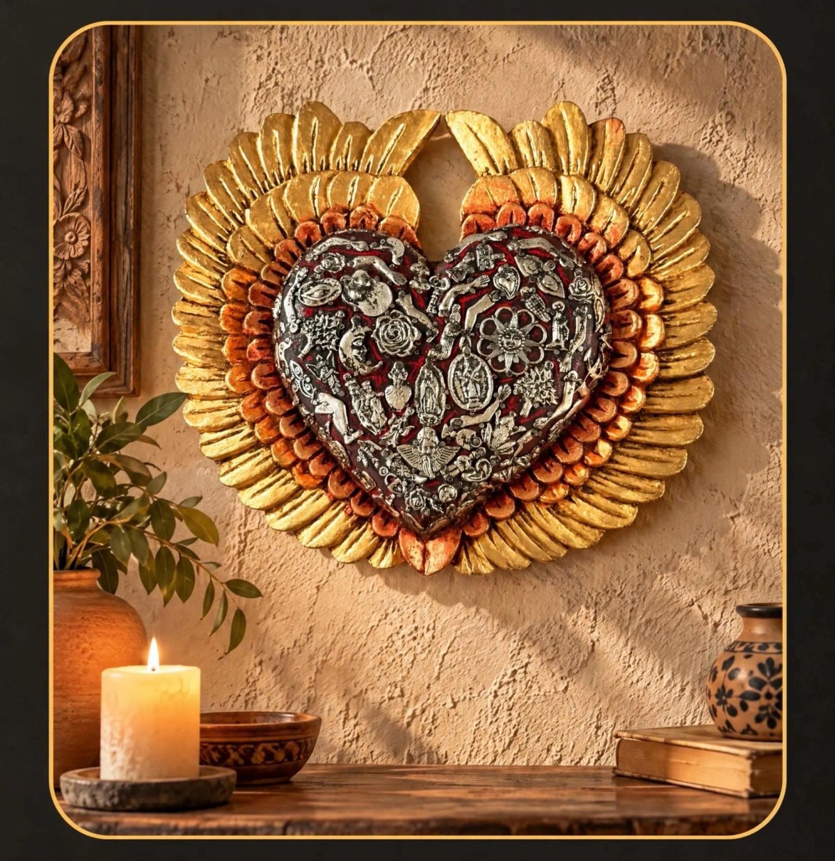 XXL Vintage Redondo Guadalupe Rayos 13”x 12”x 1.5” - Wood sacred heart, Mexican folk art, ex-voto