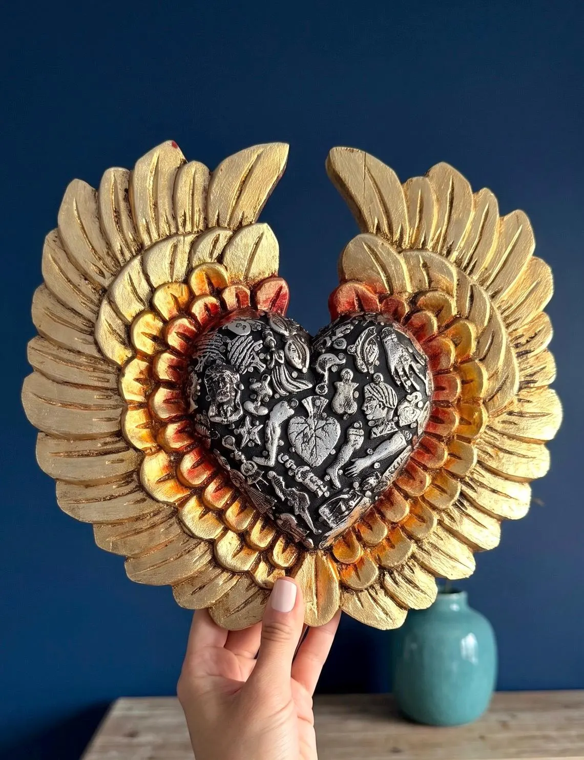 Carved Mexican, Hacienda Decor Wood Sacred Heart, Milagro Folk Art Wall, XL Alas Redondo & Plumas 11”x 10”