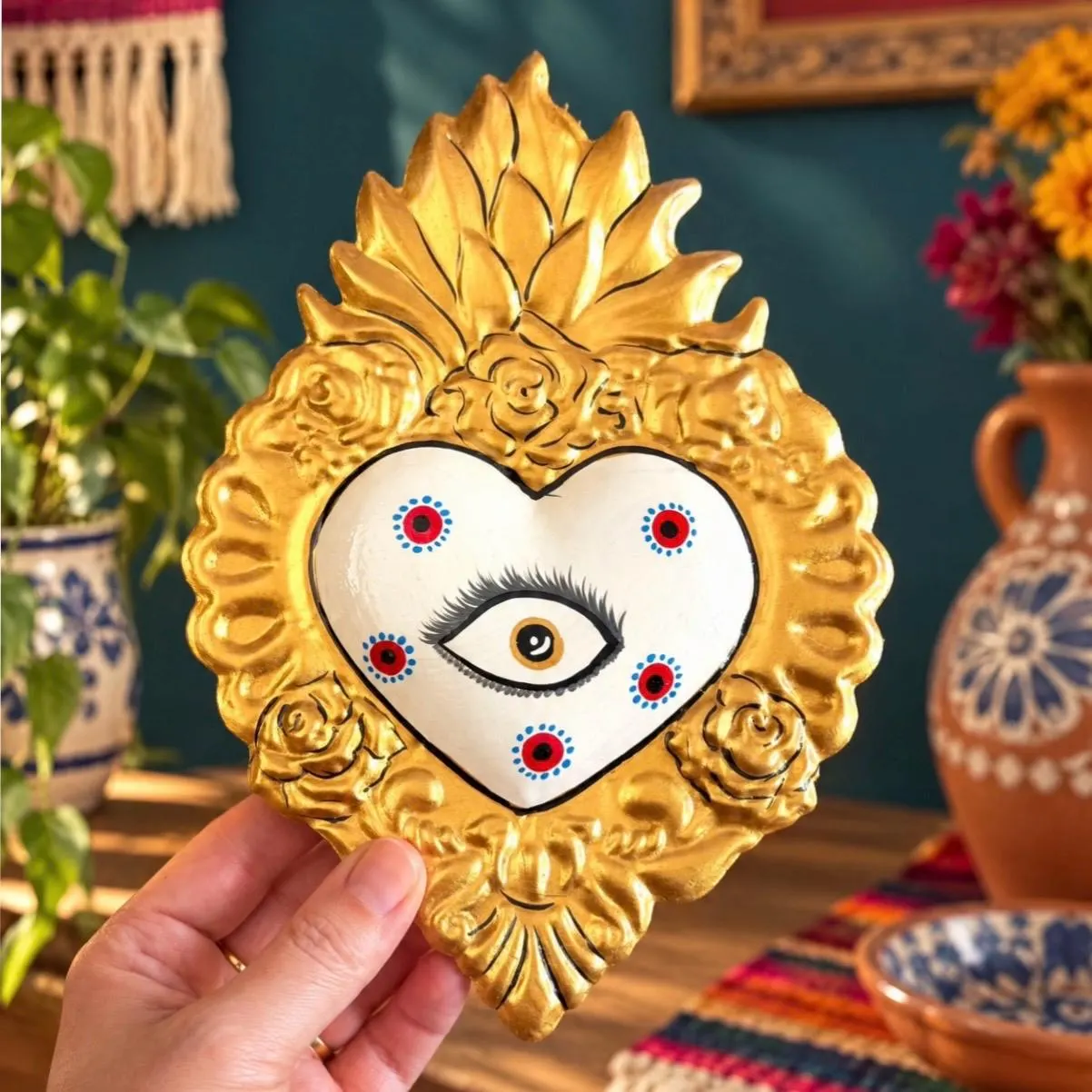 Mexican Tin Sacred Heart, Evil Eye Hand Painted Milagro Wall Decor, Handmade White/ Gold Ojo Decorado 6"x 8"