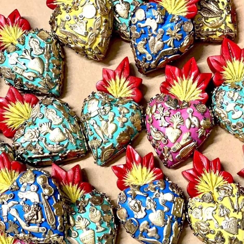 Small Milagritos 4.75” - Wood Sacred Heart, Mexican Folk Art, Ex-voto, Milagro Decor