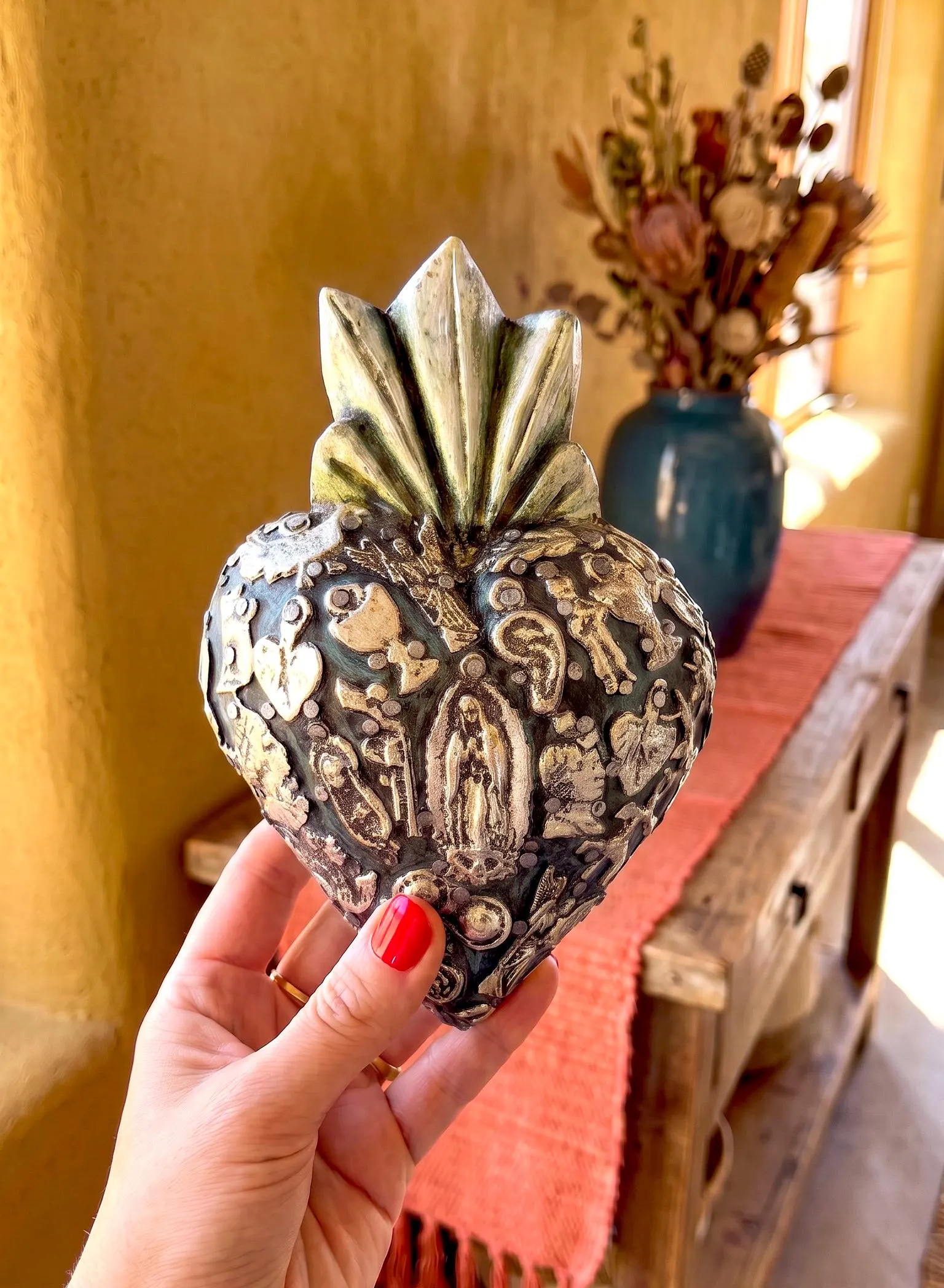 Virgen de Guadalupe Wall Decor, Our Lady Hand Painted Wood Folk Art, Medium Rustico Guadalupe & Milagritos