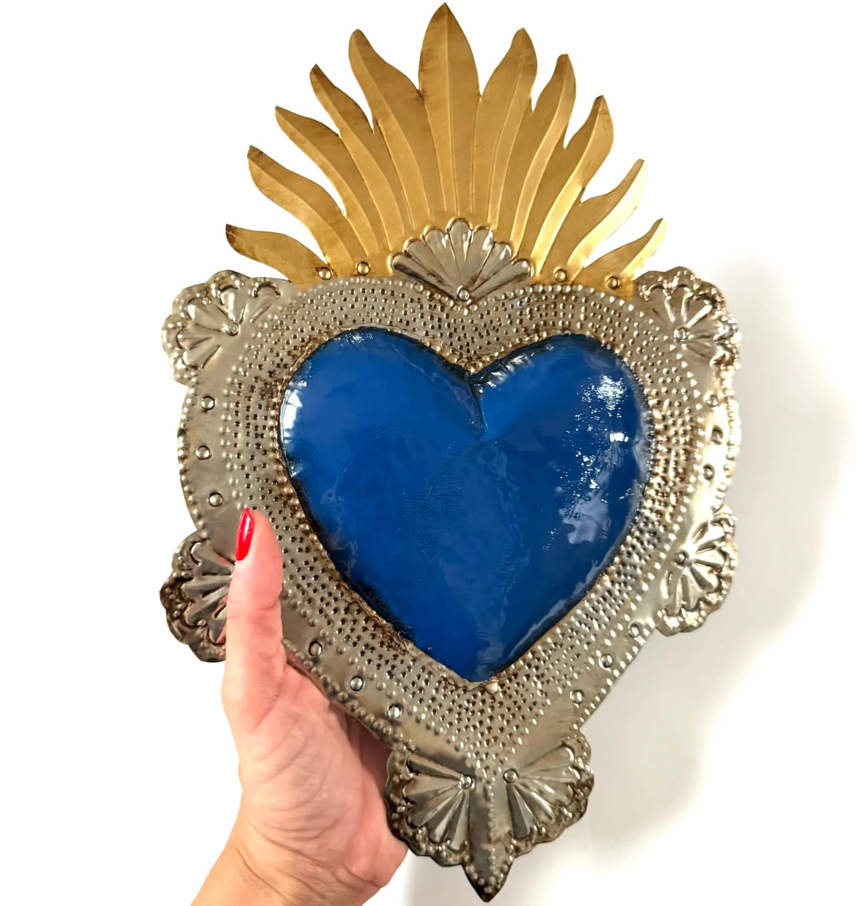 Mexican Tin Sacred Heart, Crown Hand Painted Milagro Wall Decor, Handmade Folk Art Gift, Large Sencillo 13"(tall)