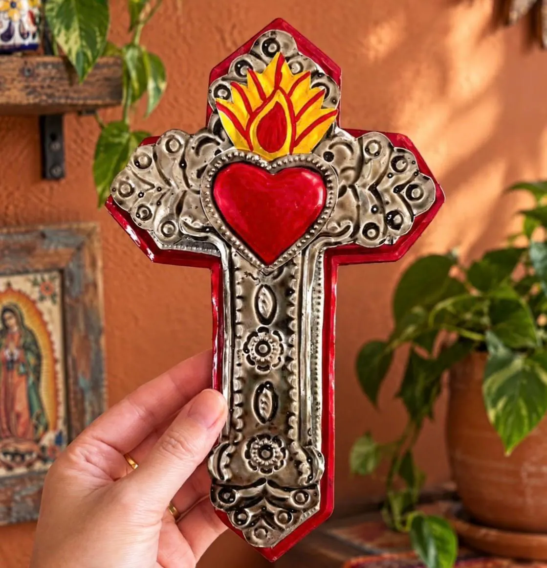 Mexican Cross Wall Decor, Hand Painted Tin Milagro Folk Art, Baptism First Communion Gift, Medium Lata Cruz Pavonado