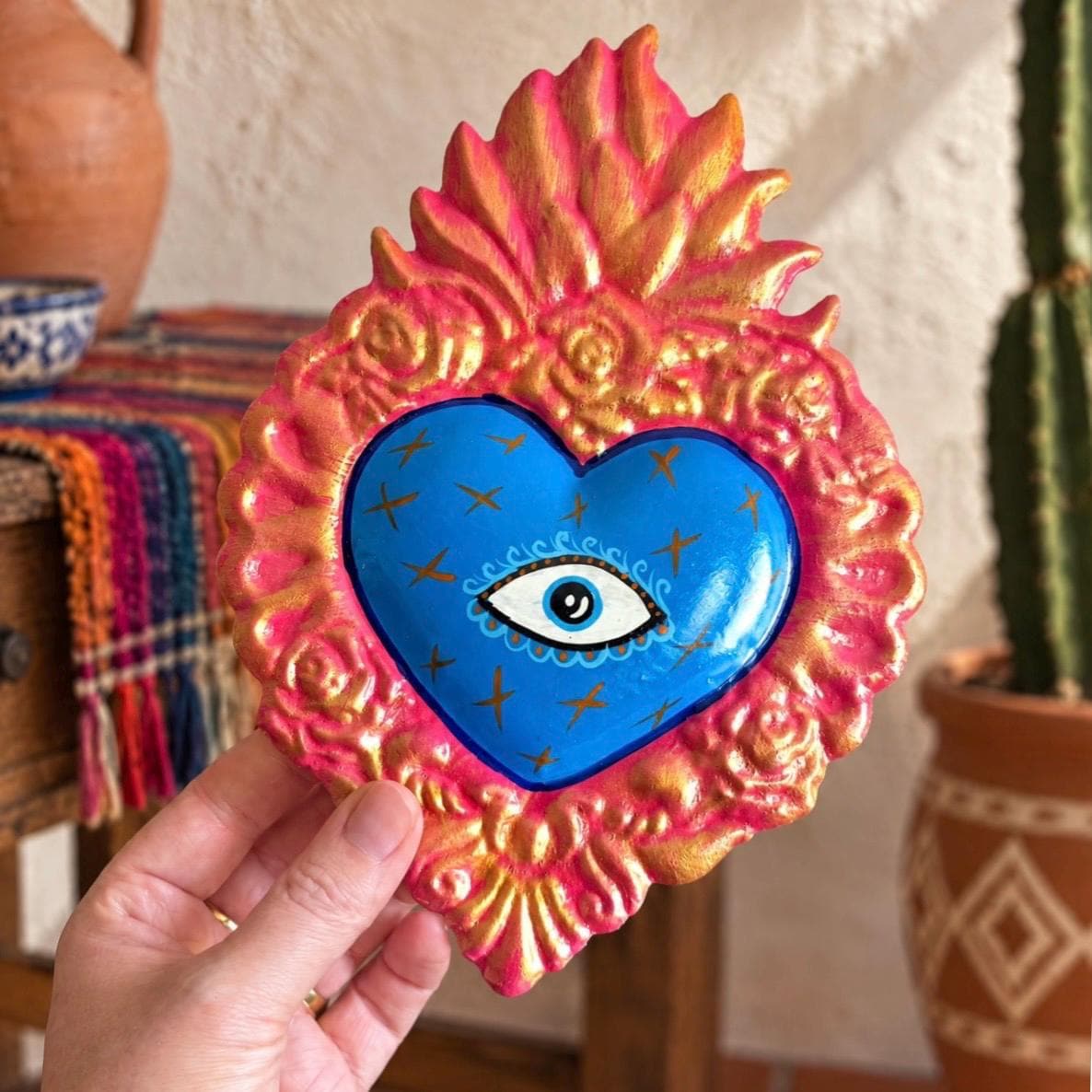 Mexican Tin Sacred Heart, Evil Eye Hand Painted Milagro Wall Decor, Blue Ojo Decorado 6"x 8"