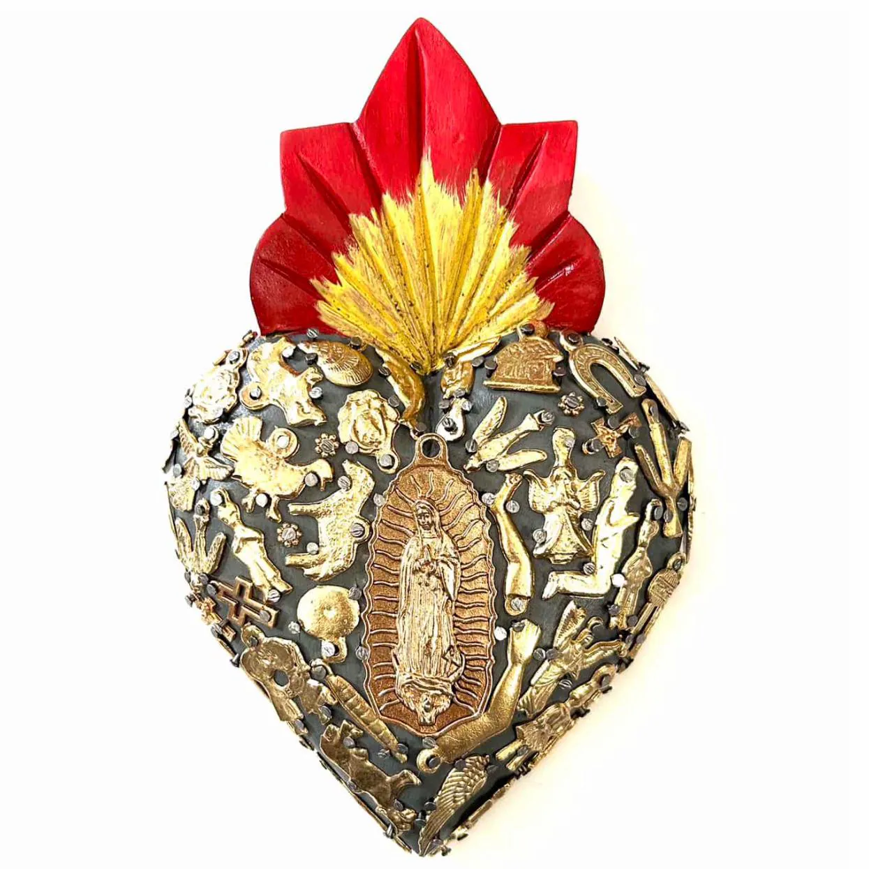 Guadalupe Devotional Art, Home Altar Piece, Large Guadalupe Gold Milagritos 5"x 7"