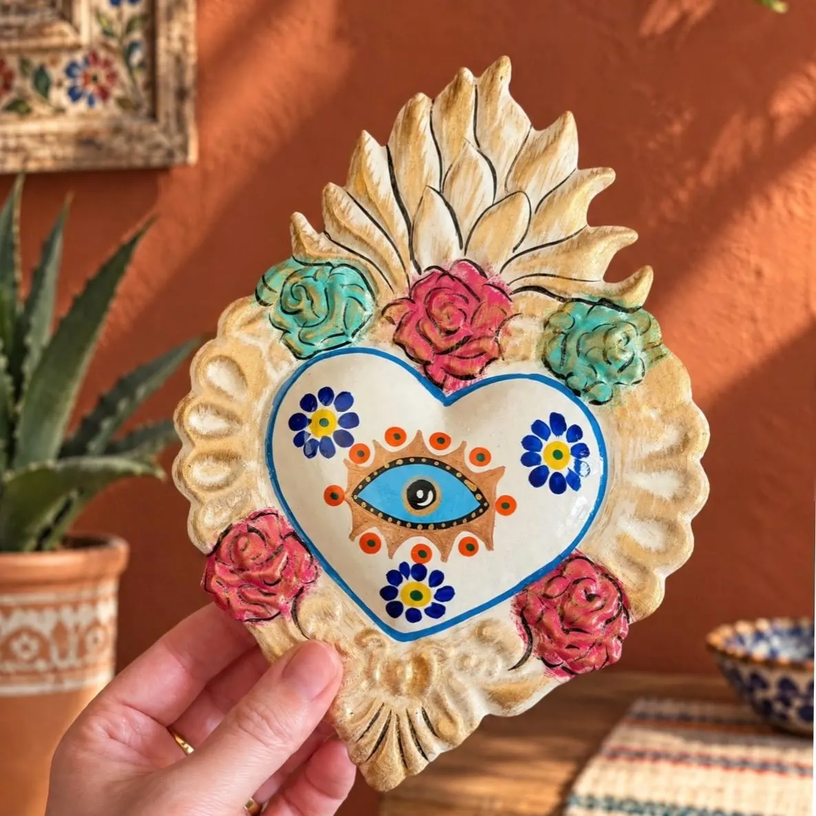 Mexican Tin Sacred Heart, Evil Eye Hand Painted Milagro Wall Decor, Handmade Folk Art, White Ojo Decorado 6"x 8"