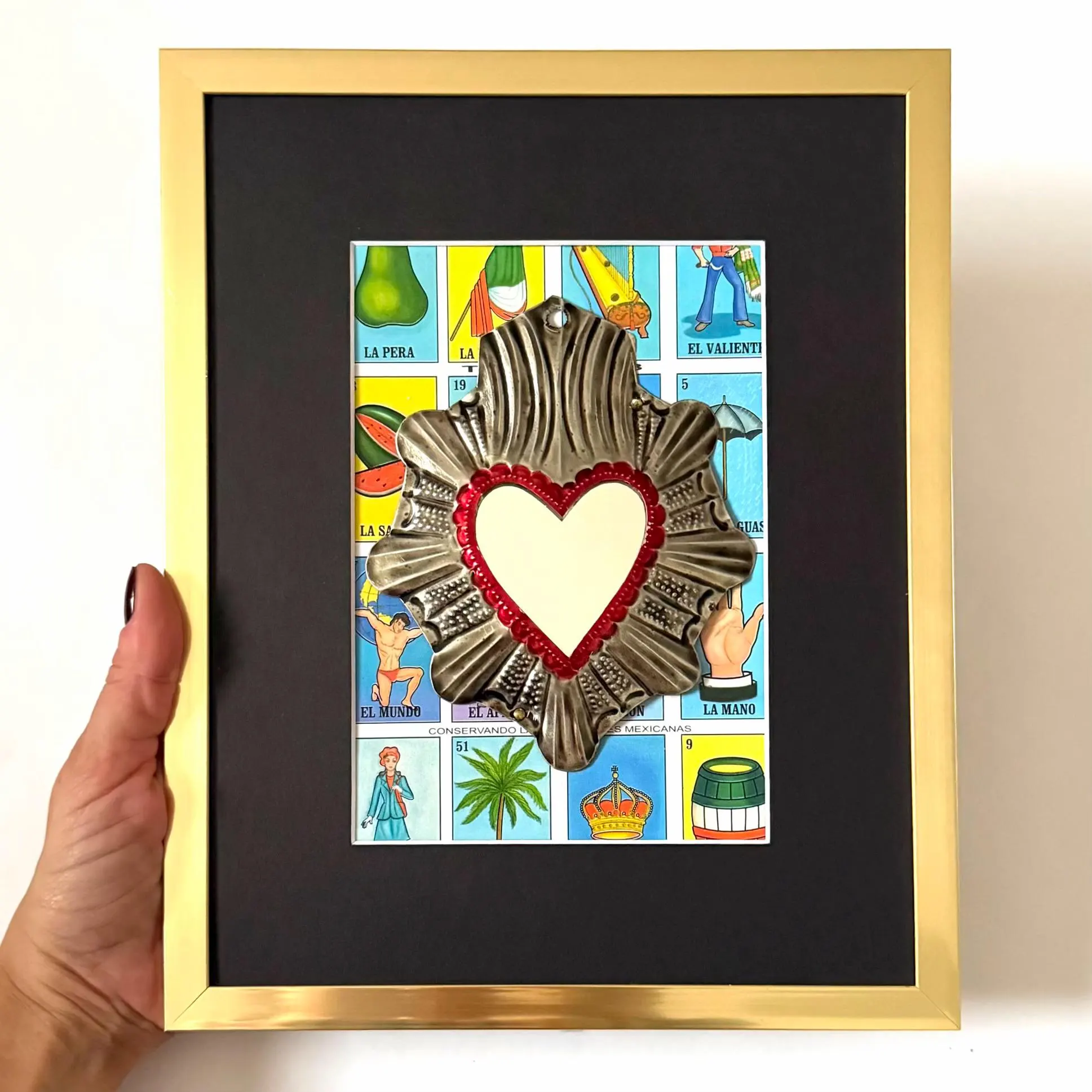 Hand-Cut Tin Heart, Unique Gift Idea, Framed Loteria Pavonado 8.5"x 10.5"