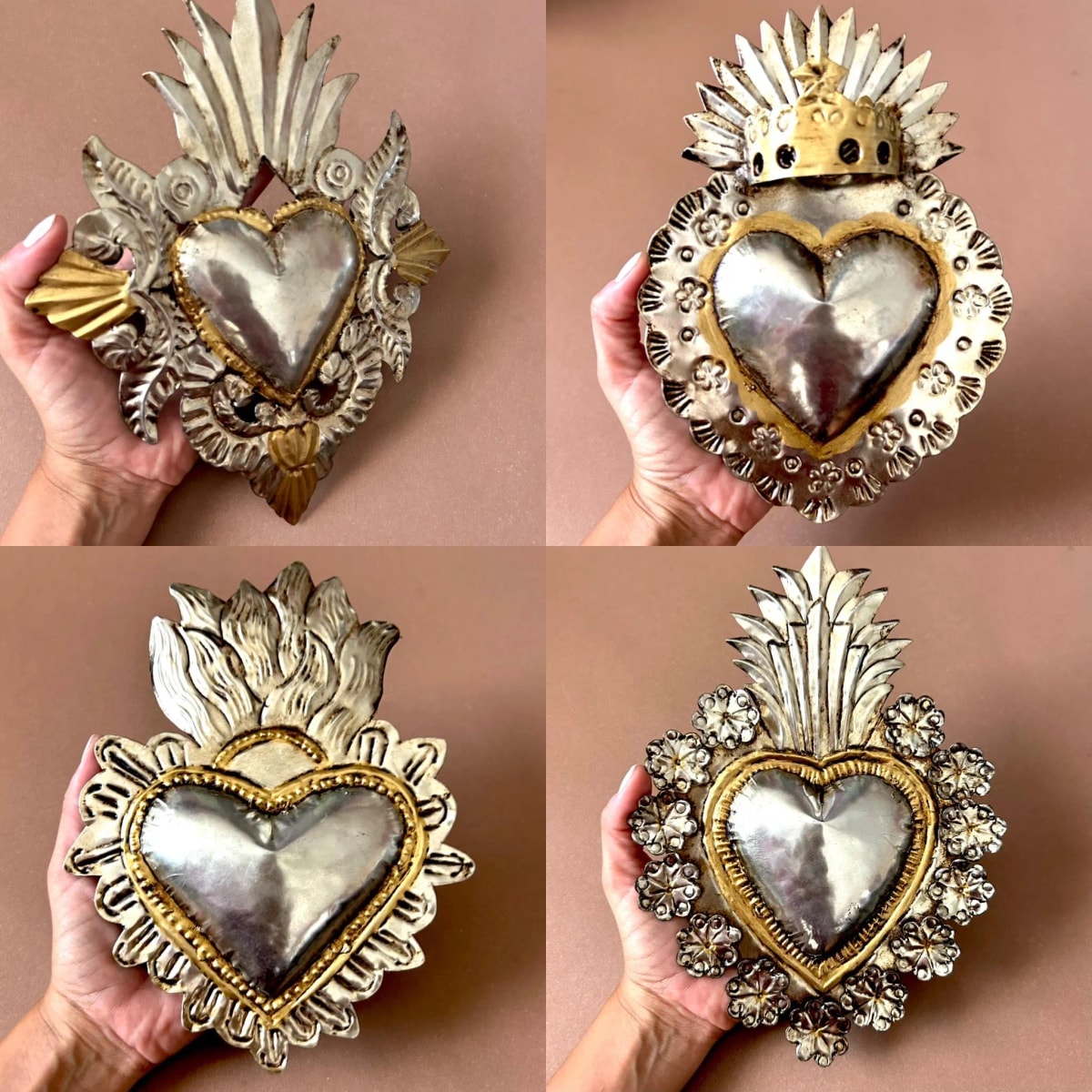Hacienda Decor Tin Sacred Heart, Metal Milagro Art, Mexican Ex-voto, Plateados - Plata & Oro