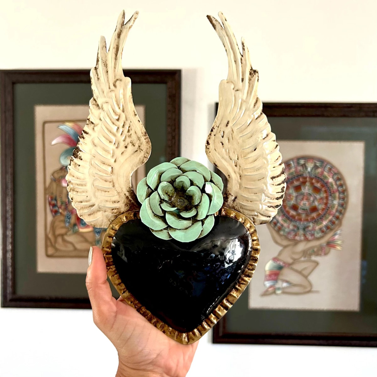 Black Delux 11” - Tin Sacred Heart, Mexican Folk Art, Ex-voto, Milagro, Wall Decor