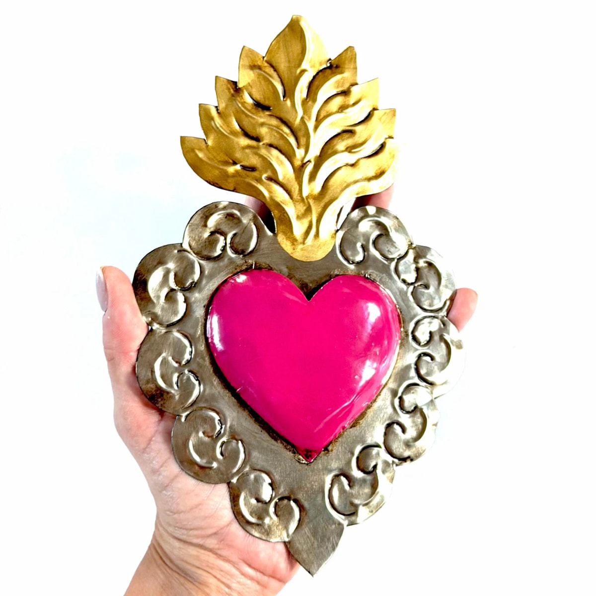 Ex-voto Wall Decor, Hand Painted Tin Mexican Folk Art, Girlfriend Gift, Medium Guanajuato 9"