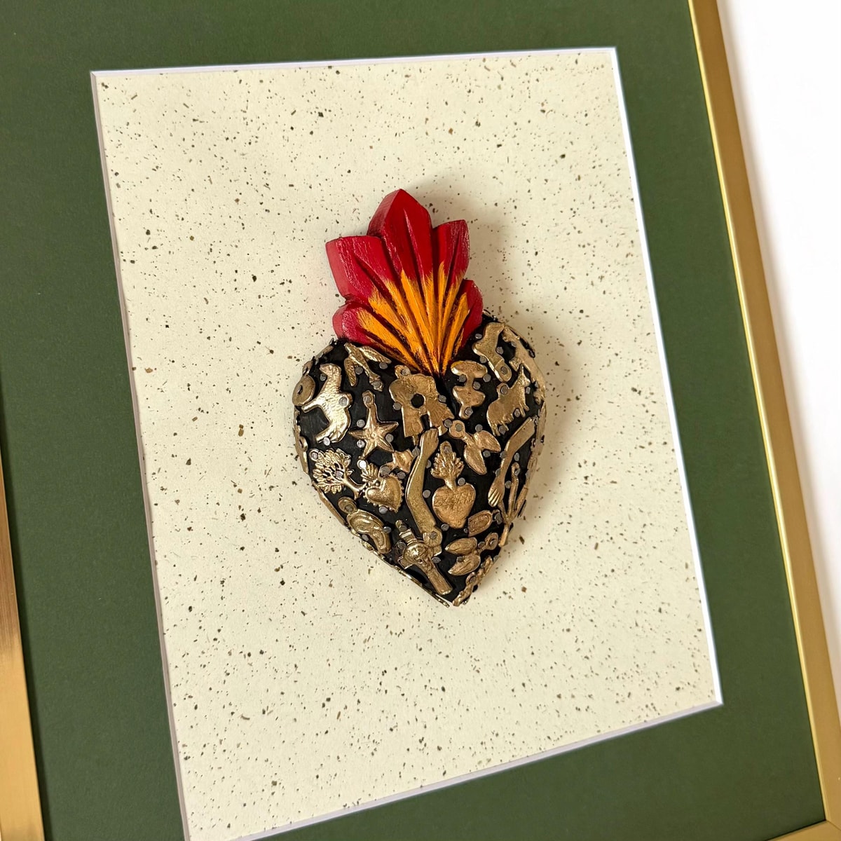 Painted Tin Heart, Eclectic Home Accent, Framed Milagritos Vintage Green 11.5"x 14.5"