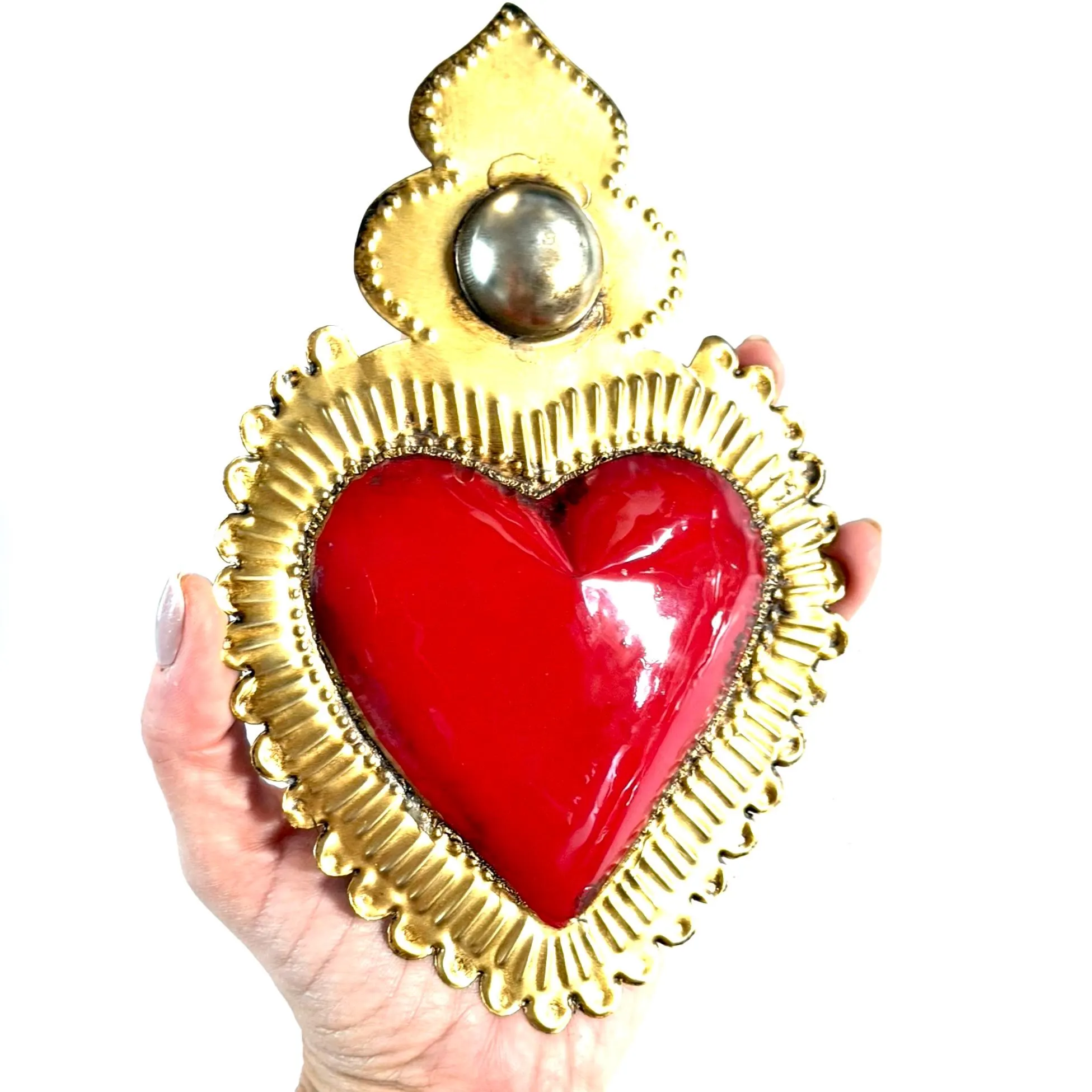 Hand Painted Mexican Folk Art, Milagro Wall Hanging Decor, Boho Tin Sacred Heart, Medium Juan 8"