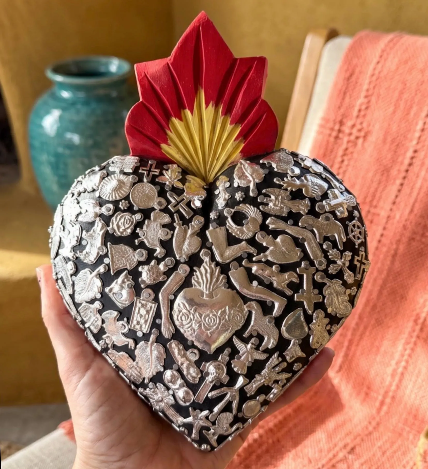 Wood Sacred Heart, Mexican Folk Art, Handmade Ex-Voto, Milagro Decor, XL Milagritos 7”x 9.5”