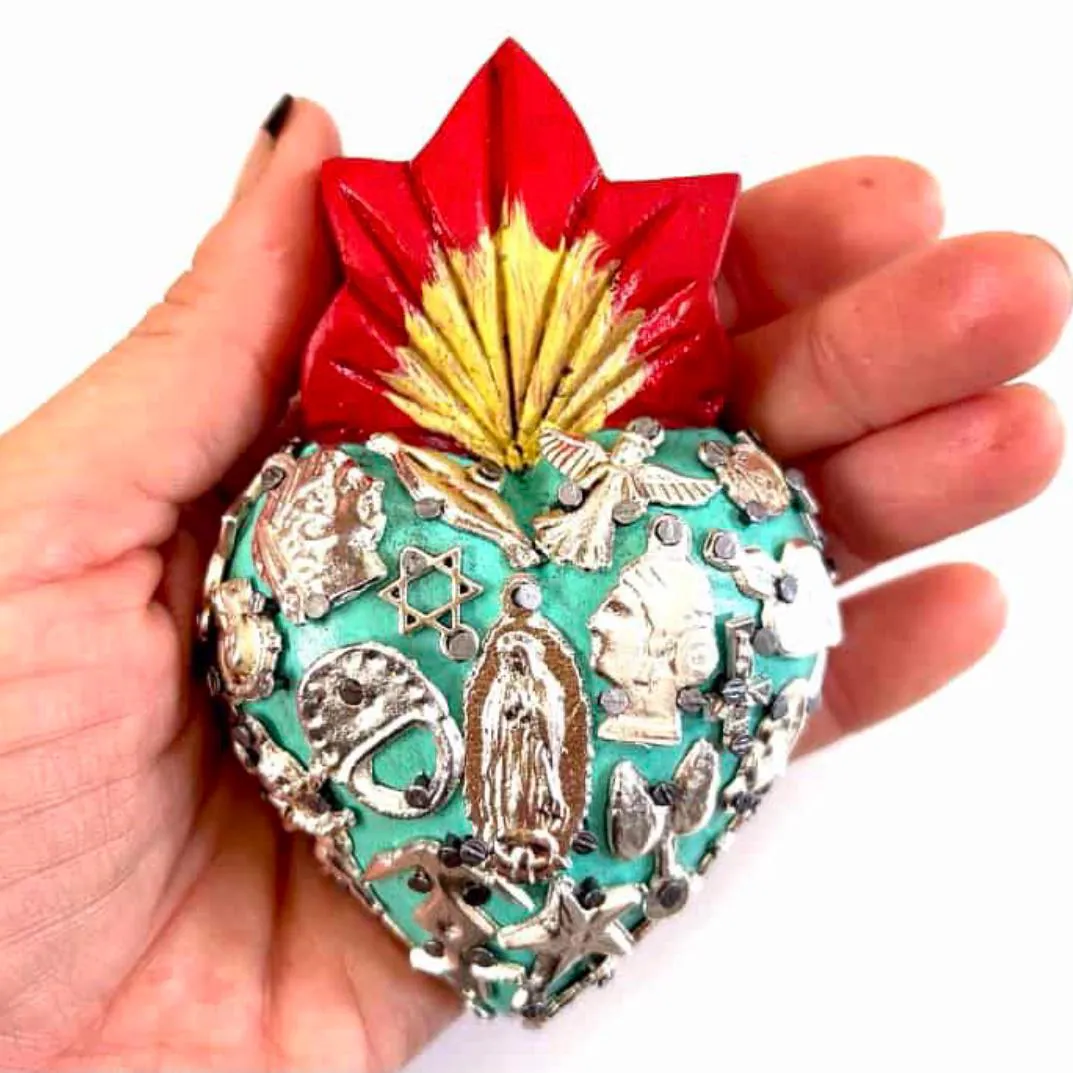 Folk Art Milagro, Sacred Heart Mexican Gift, Small Guadalupe Silver Milagritos 3”x 4.5”