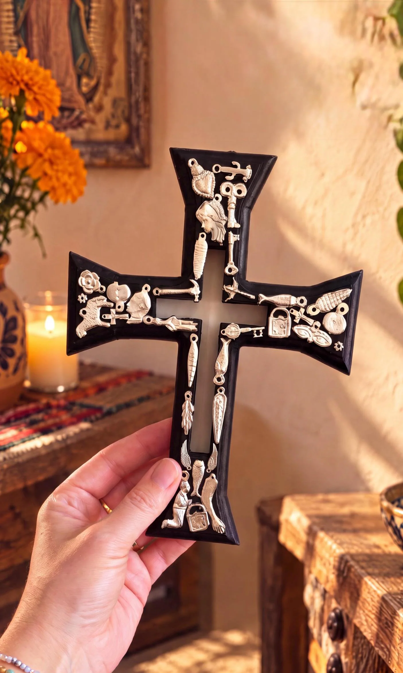 Hand Painted Wood Cross Milagro Folk Art, Baptism Gift, Black Cruz Hueca Milagritos 8.5”(tall)
