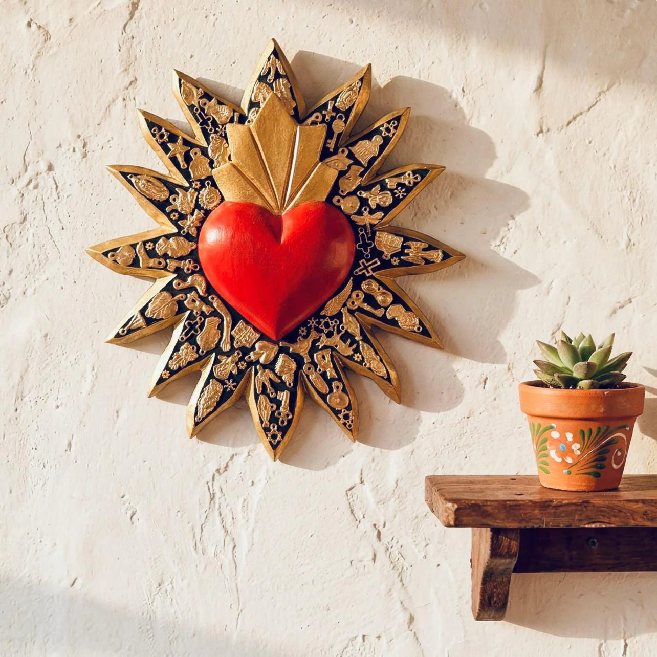 XL Rayos Milagritos Rojo 10”x 11”x 1.5”- Wood Sacred Heart, Mexican Folk Art, Ex-voto, Milagro Decor