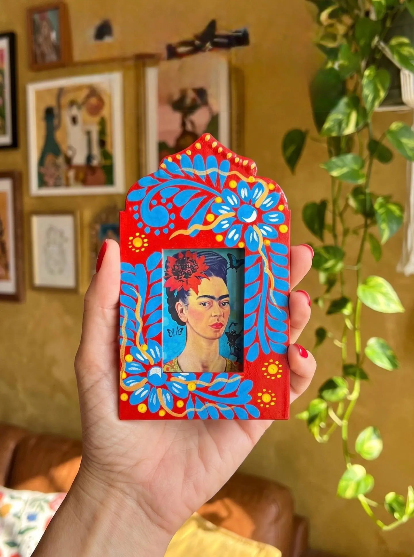 Handmade Tin Nicho Frida Kahlo Small, Mexican Folk Art Boho Niche 5.5”