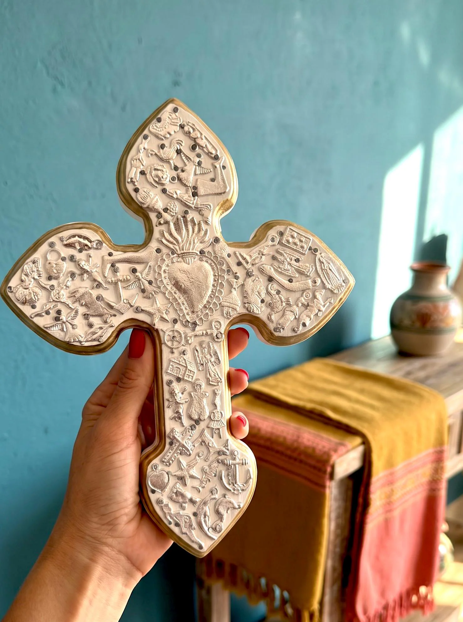 Wood Cross Art, Baptism Gift, Silver Milagritos Cruz White 8"x 10"