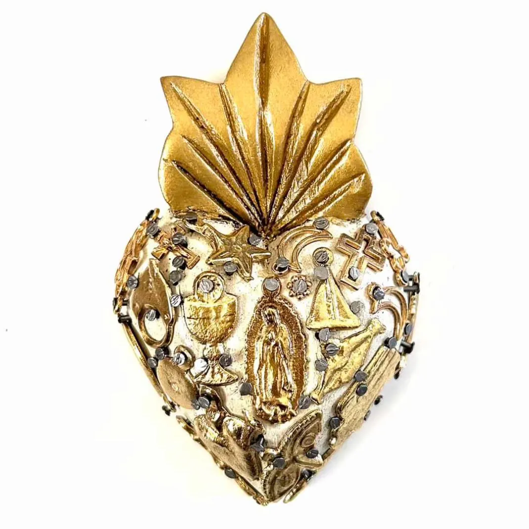 Wood Sacred Heart, Mexican Folk Art Ex-voto, Milagro Gift, Small Guadalupe Gold Milagritos 4.5”